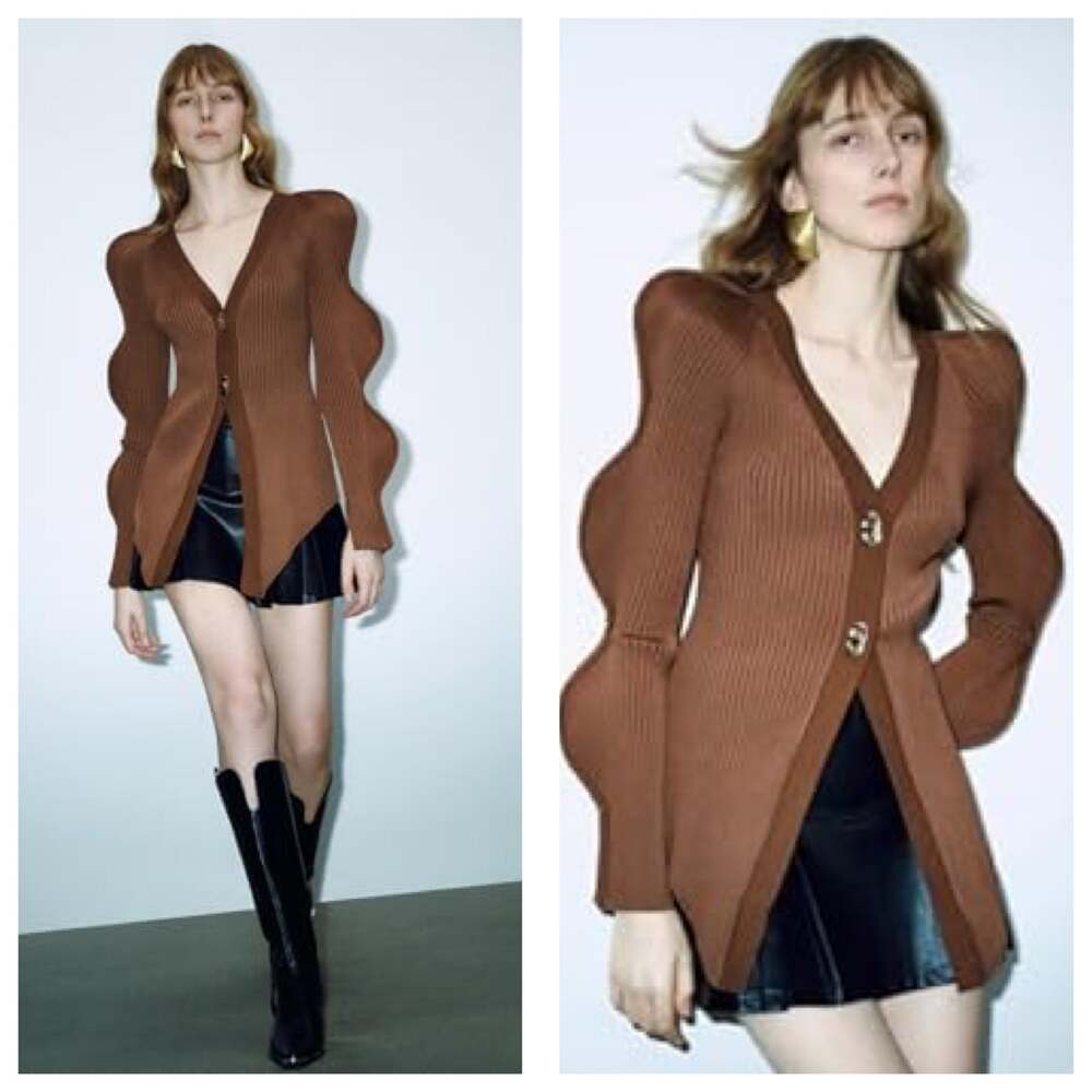 NWT Urban Revivo Brown Knit Wave Sleeve Cardigan Size XS Sculptural Chic